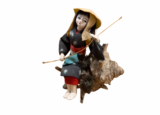 Vintage Handmade Japanese Fisherwoman Figurine on Shell – Ceramic Collectible