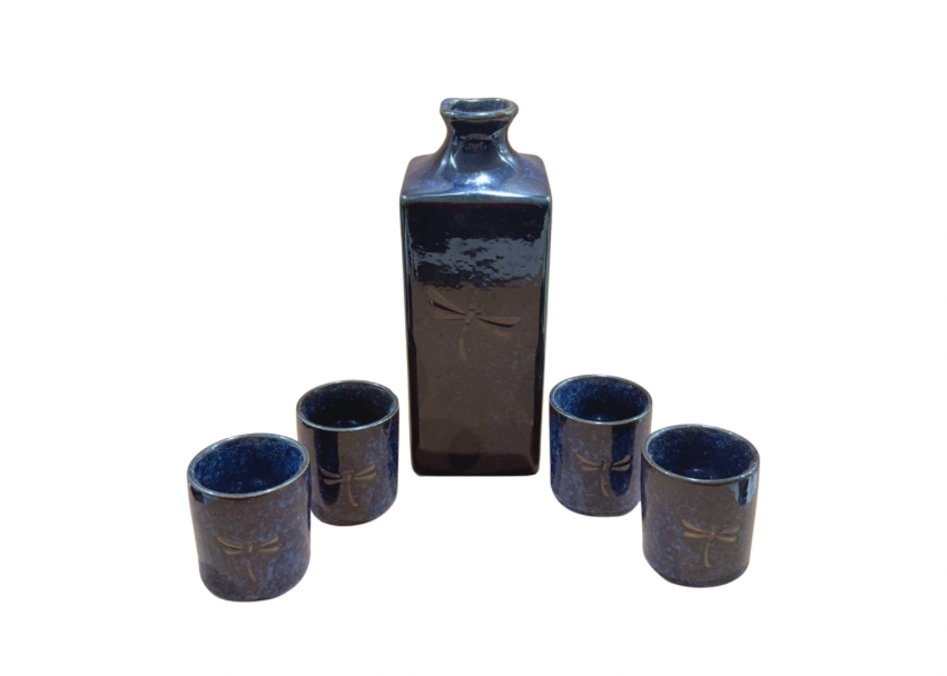 Celestial Blue Dragonfly Sake Set – Artisan Ceramic with 4 Cups