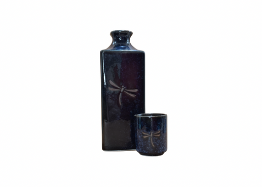 Celestial Blue Dragonfly Sake Set – Artisan Ceramic with 4 Cups