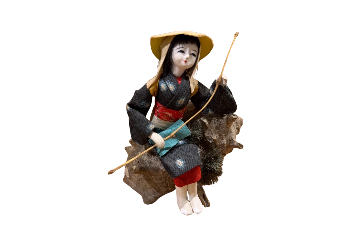 Vintage Handmade Japanese Fisherwoman Figurine on Shell – Ceramic Collectible