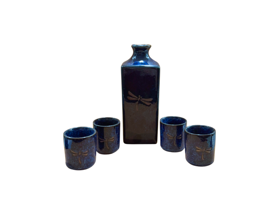 Celestial Blue Dragonfly Sake Set – Artisan Ceramic with 4 Cups