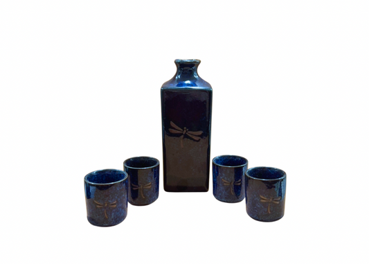Celestial Blue Dragonfly Sake Set – Artisan Ceramic with 4 Cups