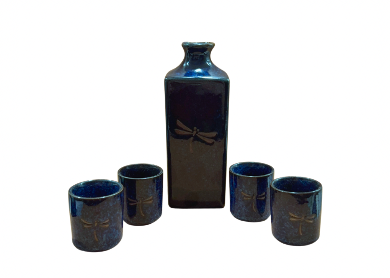 Celestial Blue Dragonfly Sake Set – Artisan Ceramic with 4 Cups