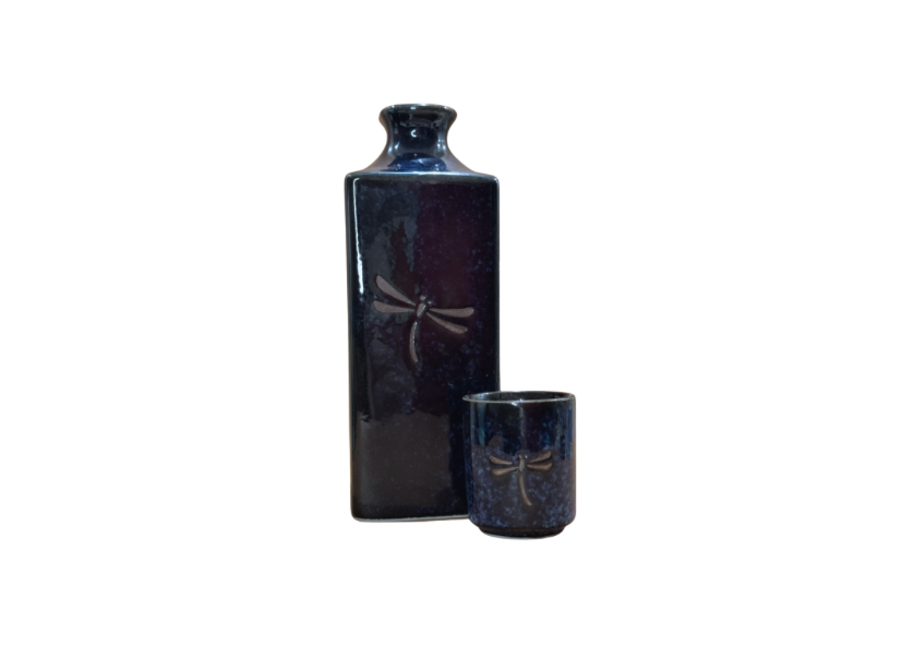 Celestial Blue Dragonfly Sake Set – Artisan Ceramic with 4 Cups